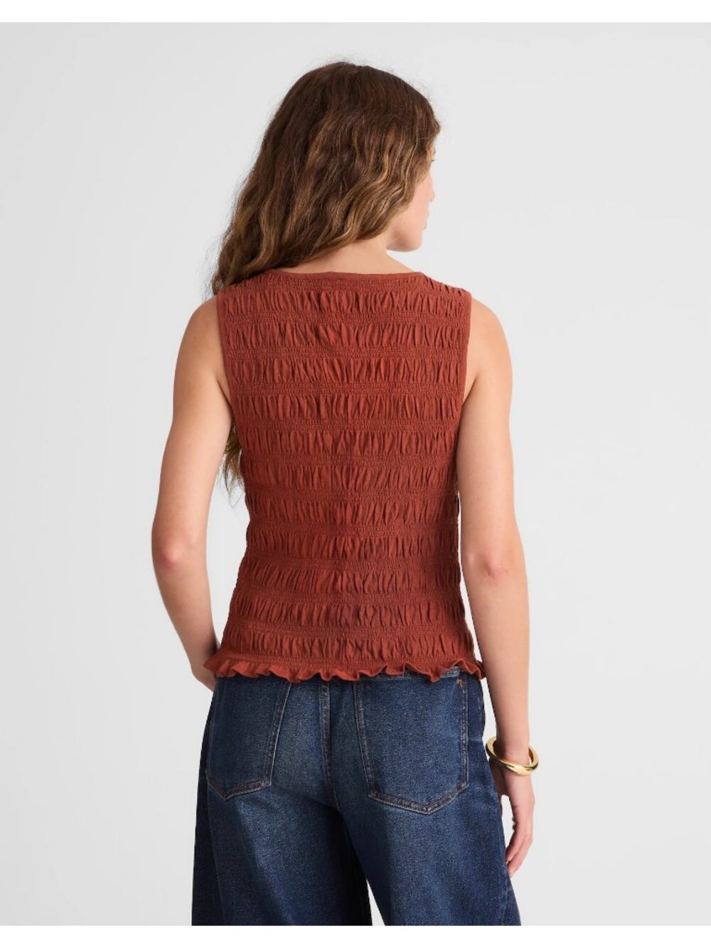 Madewell Smocked Boatneck Tank Top Women’s XS Henna Brown Cotton Linen Blend NWT - Picture 7 of 16